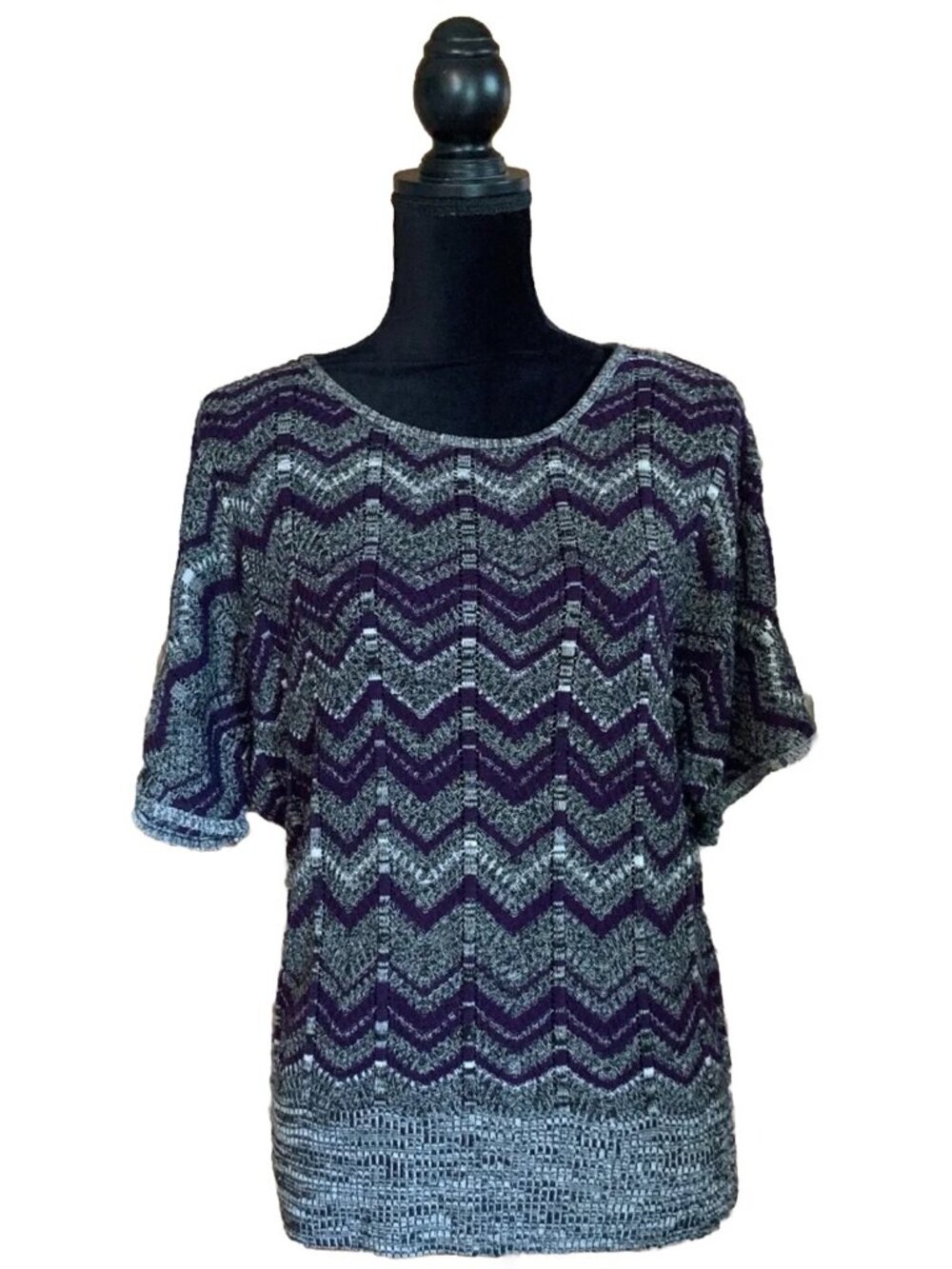 AGB Women Shirt Petite Large Purple Black Grey Gray White Zigzag Striped